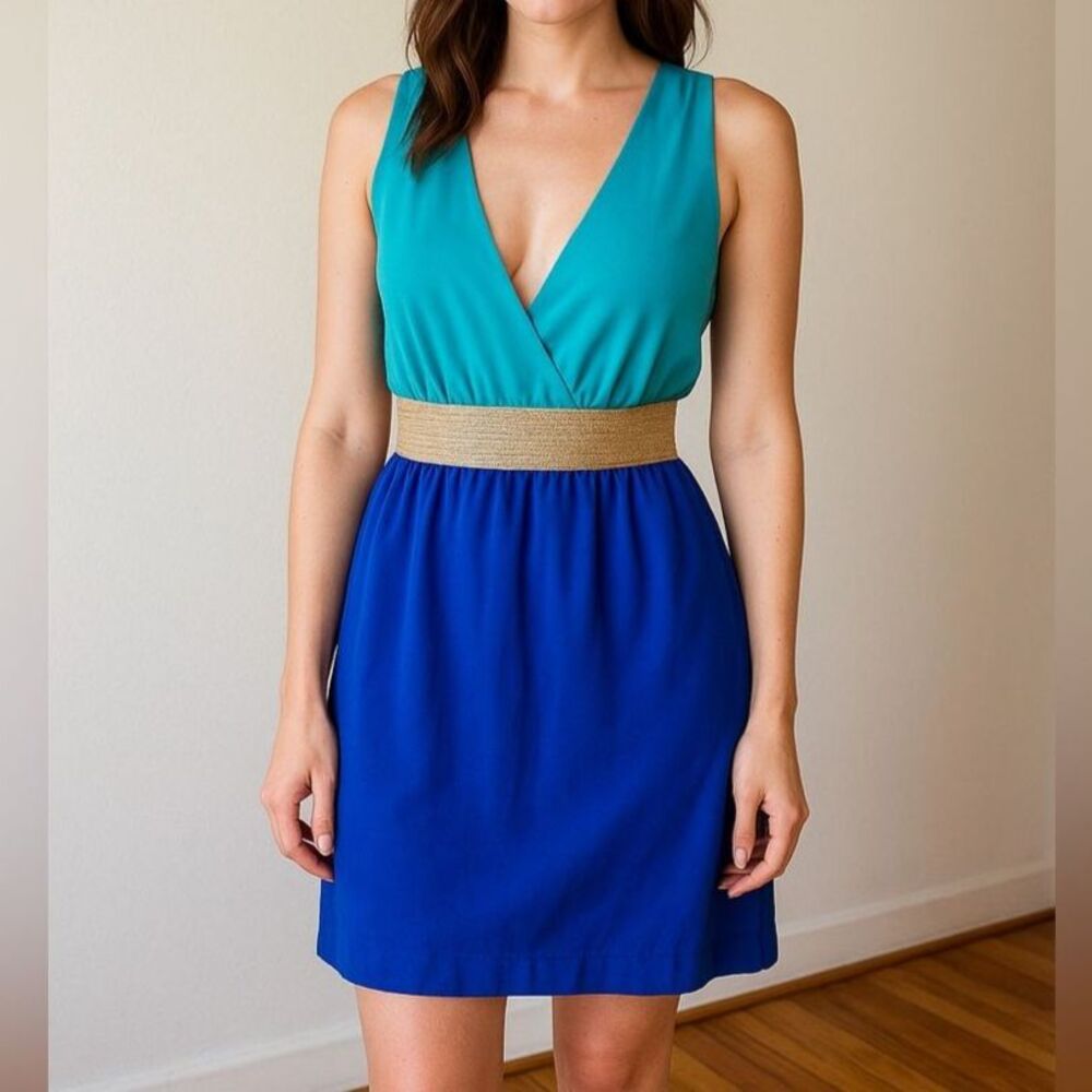 Charlotte Russe Colorblock Mini Dress Small Teal Blue Gold Open Back